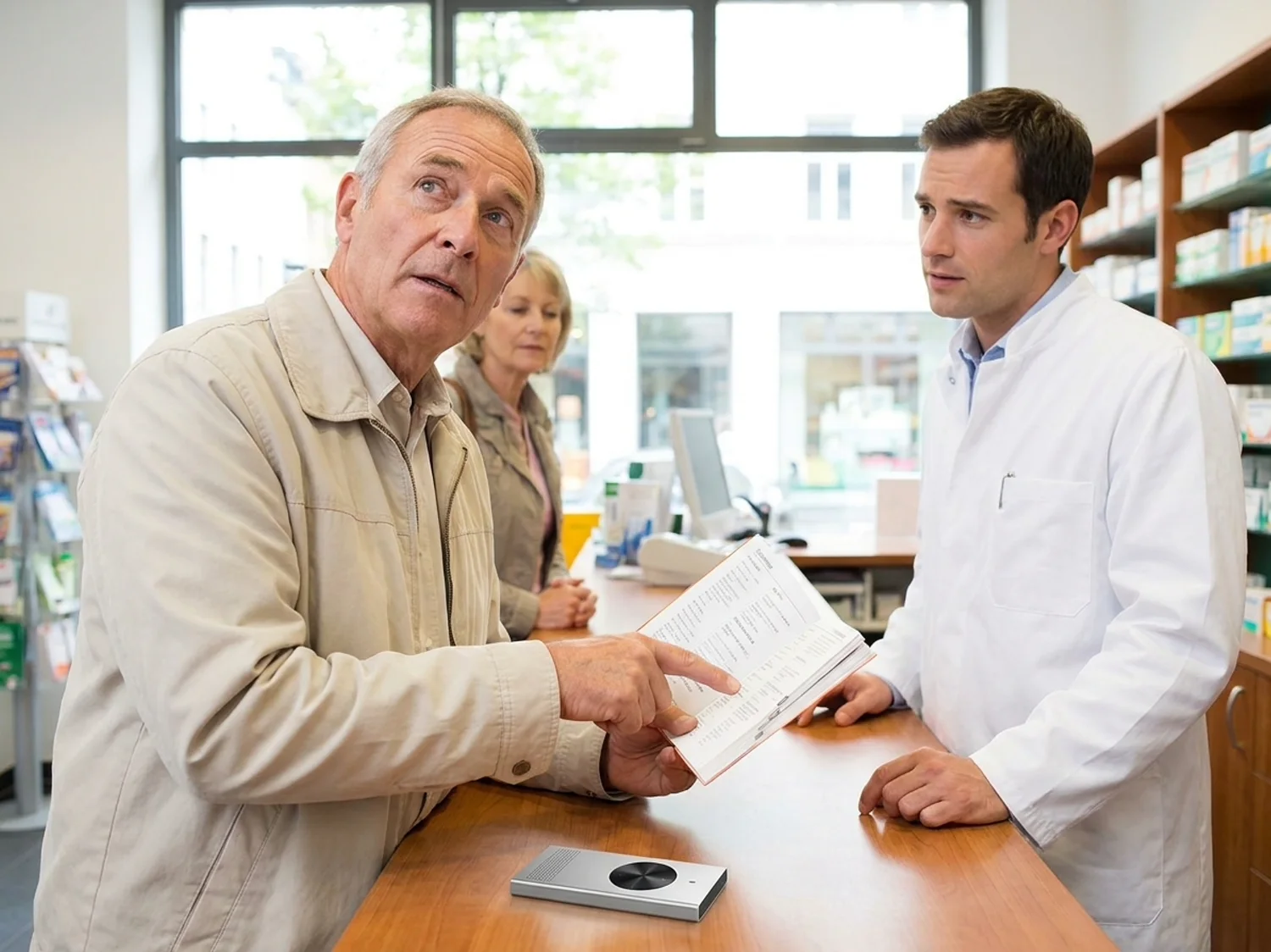 A man in his sixties at a pharmacy counter holding an open phrasebook while the pharmacist waits