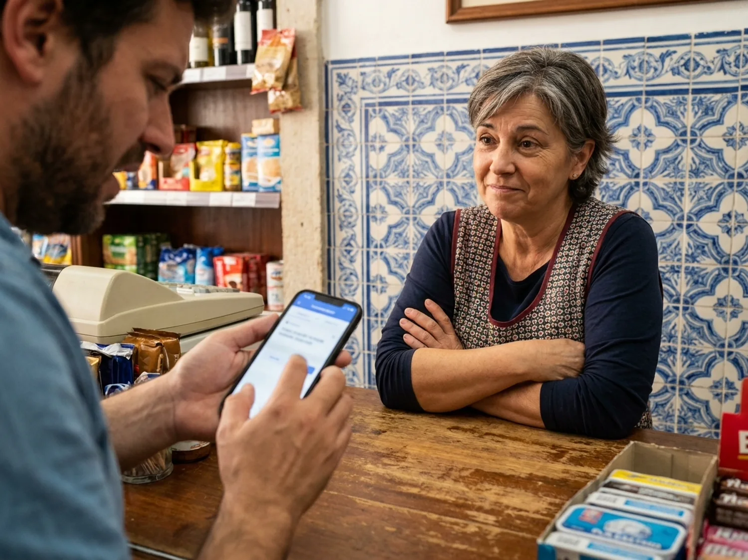 A hand fumbling with a translation app on a phone while a shopkeeper waits with folded arms