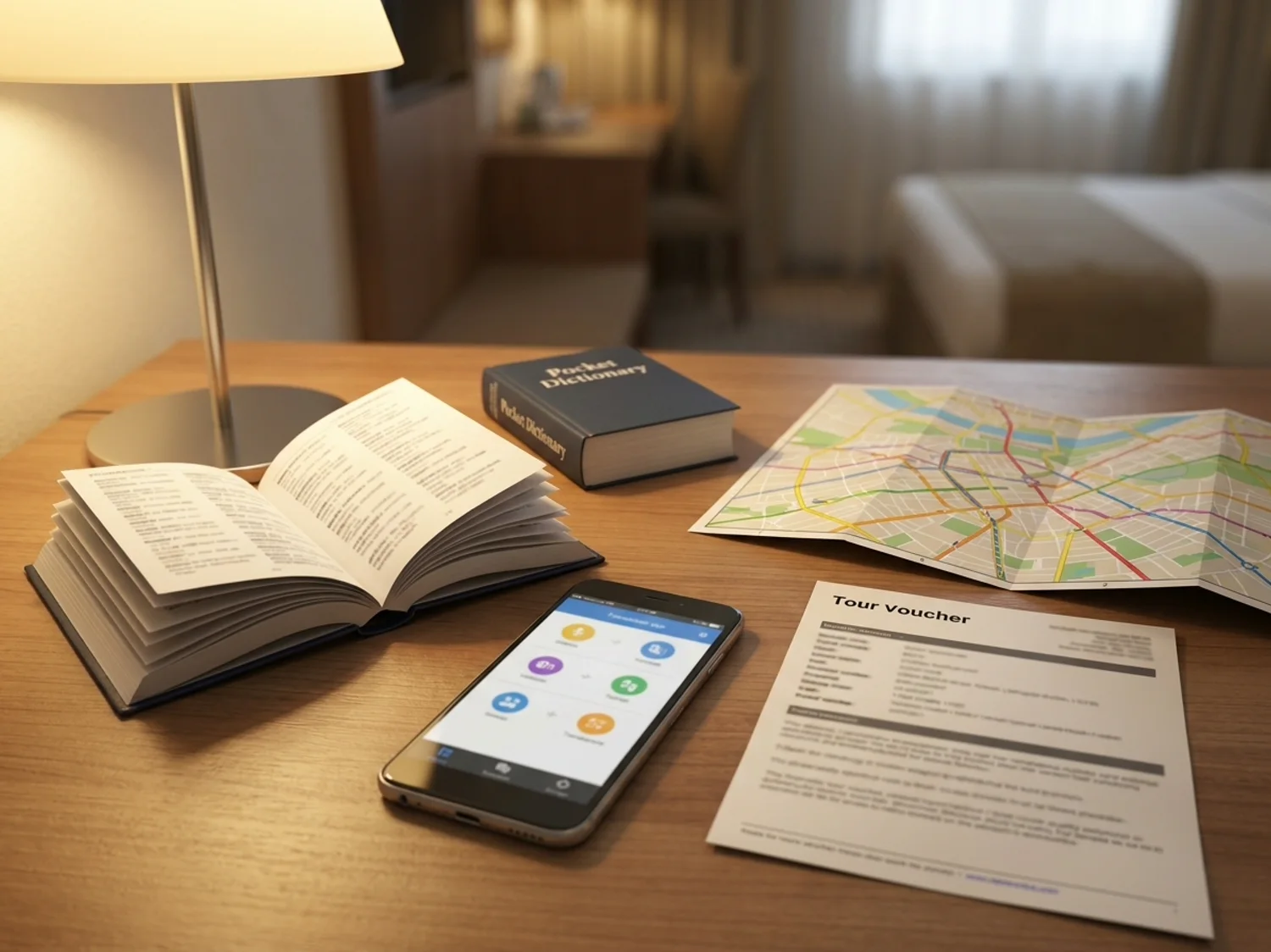 A hotel desk with a phrasebook, a paper city map, a phone showing a translation app and a printed tour voucher