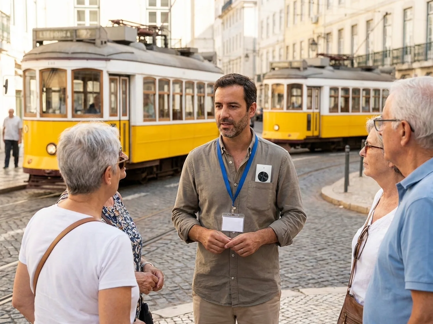 A tour guide in a lanyard standing with a small group in a Lisbon square, a small device in his side pocket