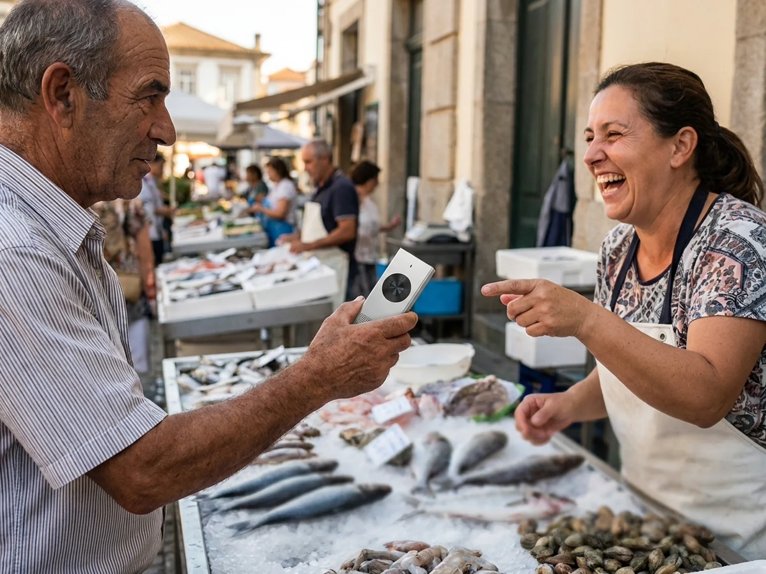 The Calduneo pocket translator held out across a market stall toward a vendor