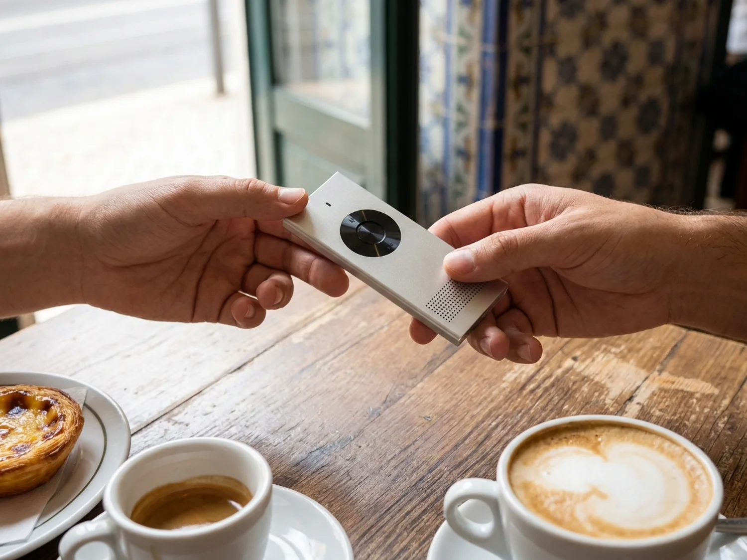 The translator being handed from one person to another across a café table