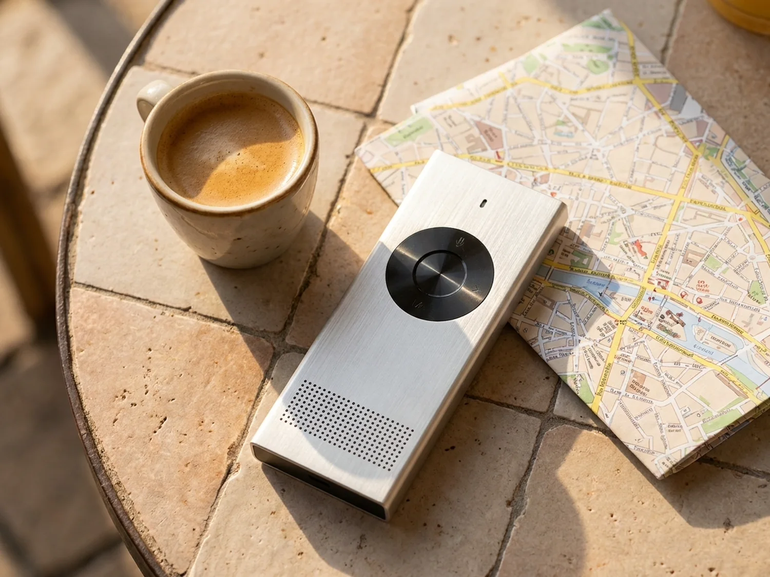 The translator on a café table next to a coffee and a folded map, the size of a small remote