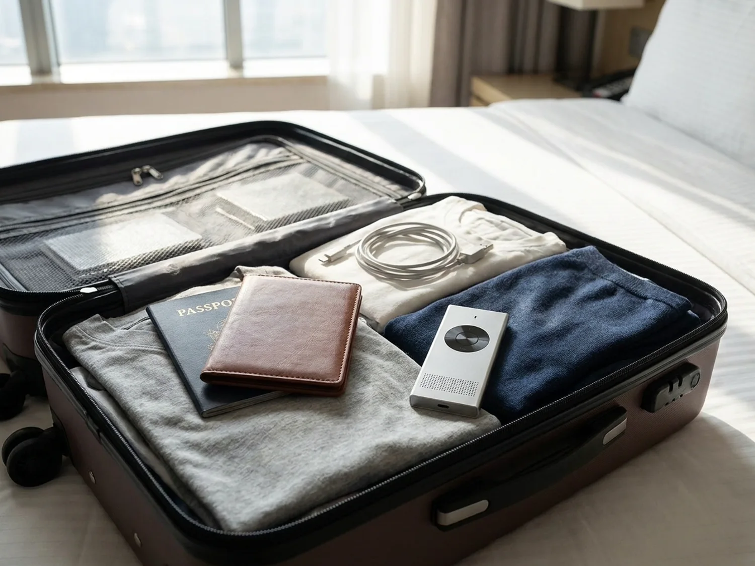 A packed suitcase on a bed with passports, chargers and the translator laid on top