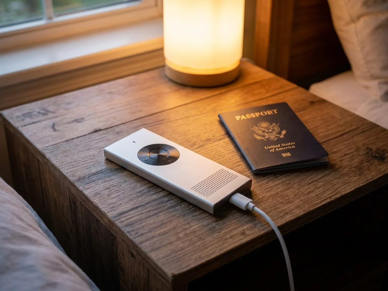 The translator charging by USB on a bedside table next to a passport