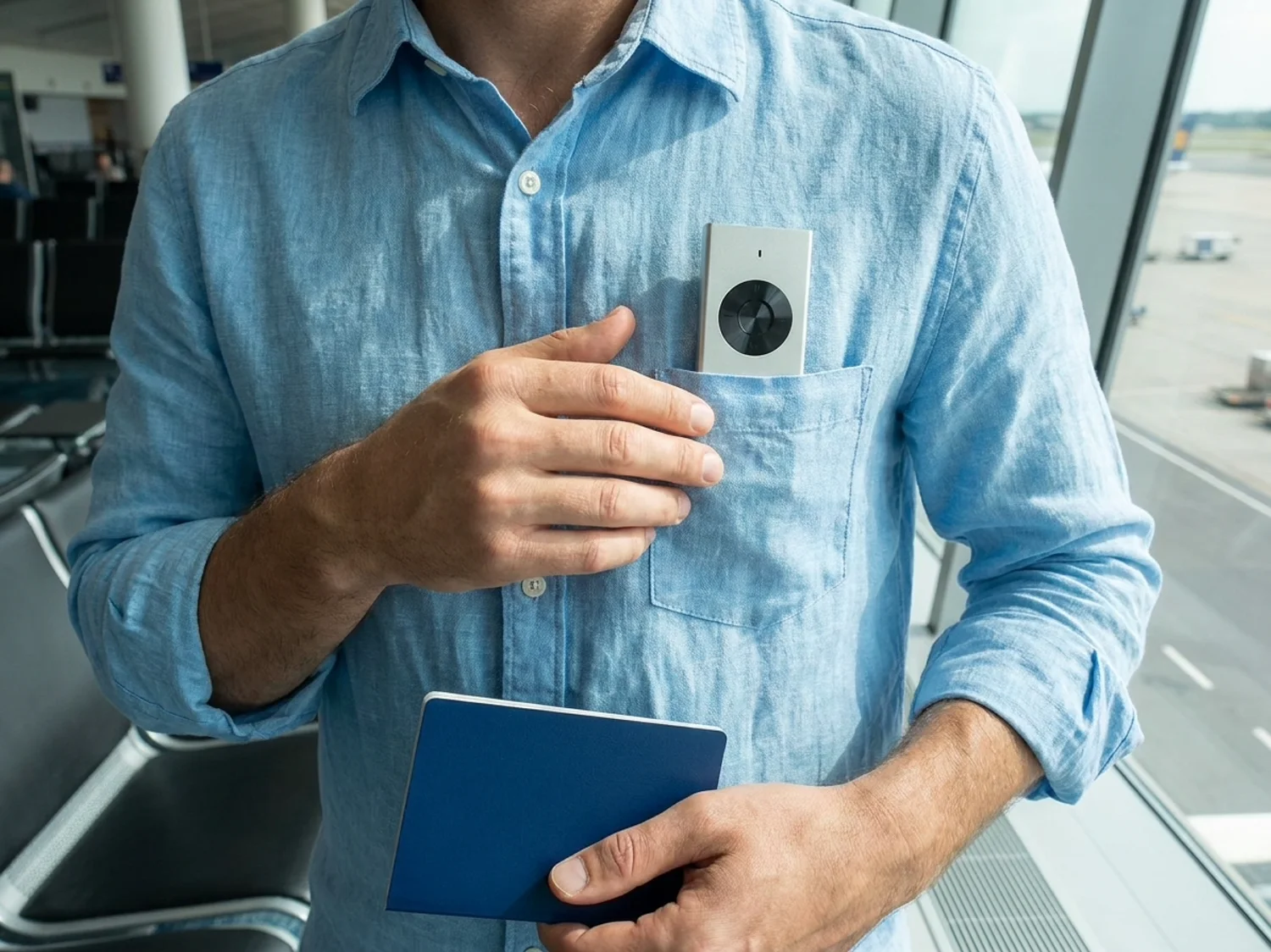 The translator in a shirt pocket, seen from above, beside a boarding pass