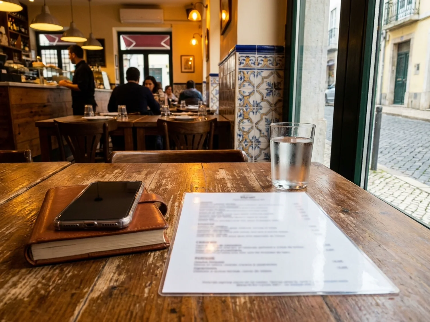 A phrasebook and a phone lying on a restaurant table next to an untouched menu