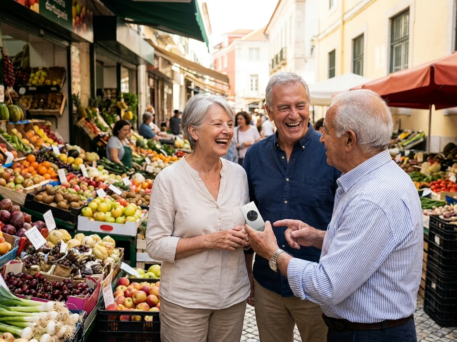 A couple in their sixties laughing with a market vendor who is holding the translator